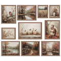Collection of nine unframed vintage fall wall art prints featuring autumn scenery, including a bird on a branch, pumpkins, a squirrel, and landscapes.