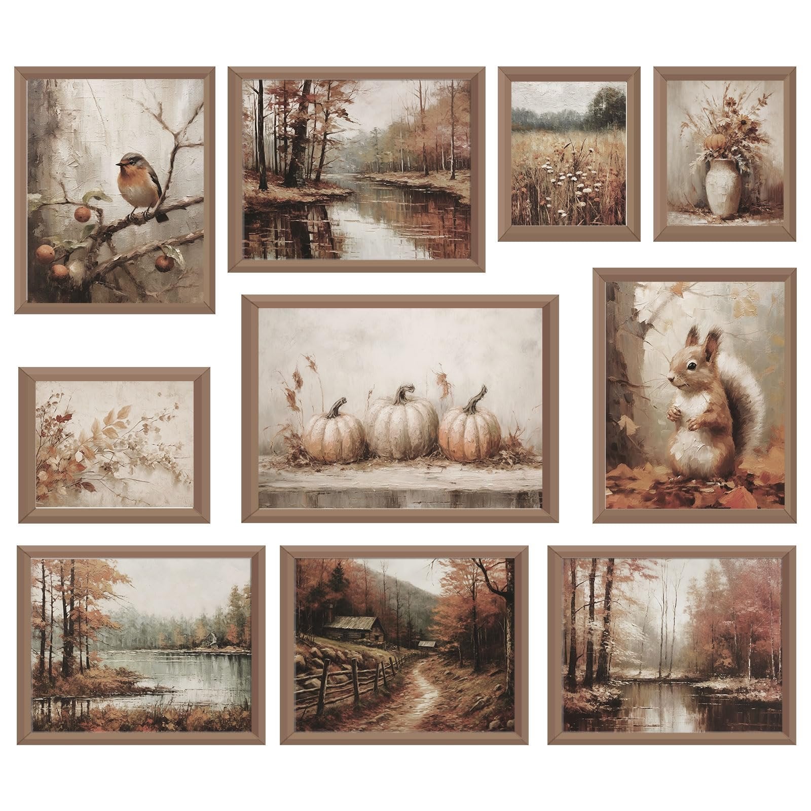 Collection of nine unframed vintage fall wall art prints featuring autumn scenery, including a bird on a branch, pumpkins, a squirrel, and landscapes.