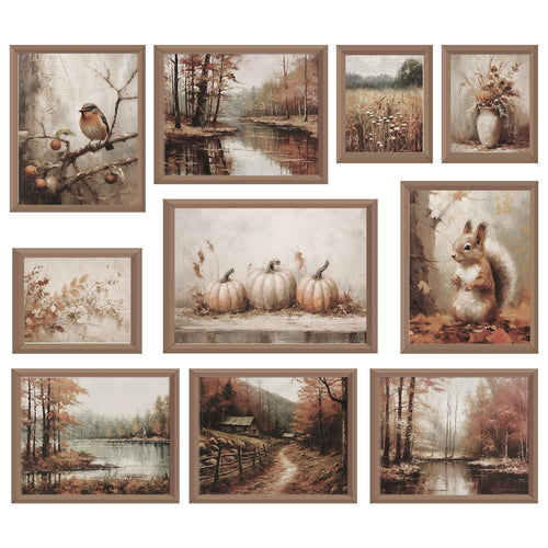 Collection of nine unframed vintage fall wall art prints featuring autumn scenery, including a bird on a branch, pumpkins, a squirrel, and landscapes.