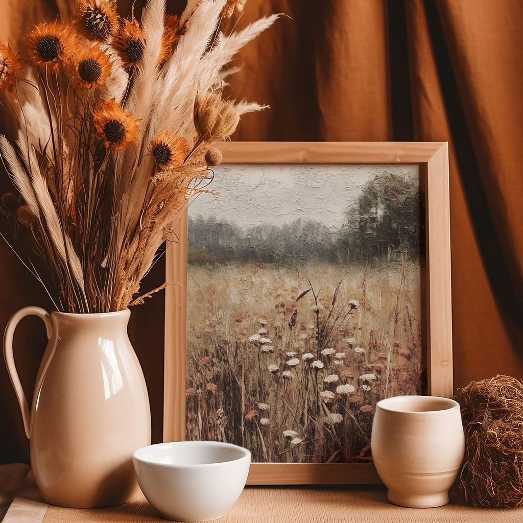 Framed autumn landscape painting with dried flowers in a vase and ceramic decor