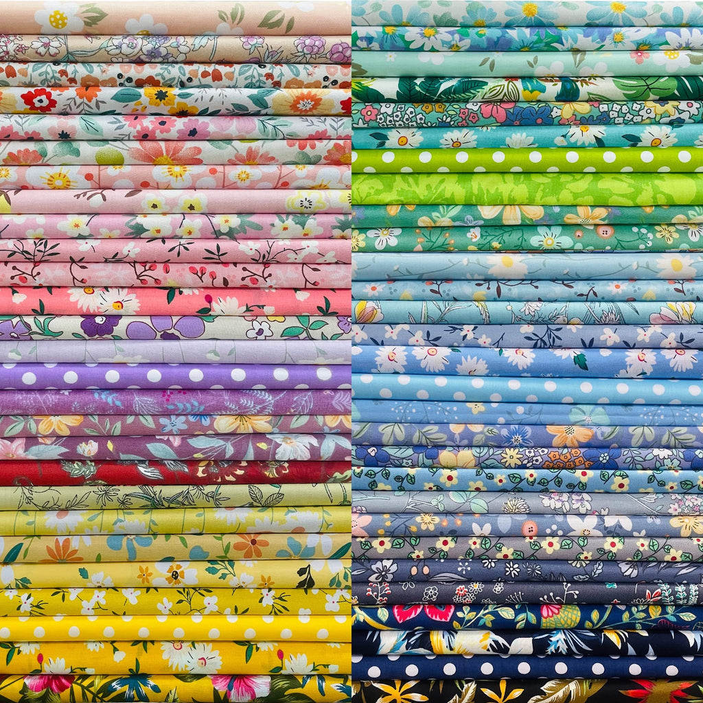 Stack of 50 pre-cut cotton fabric squares in various floral and polka dot patterns, arranged in four columns.
