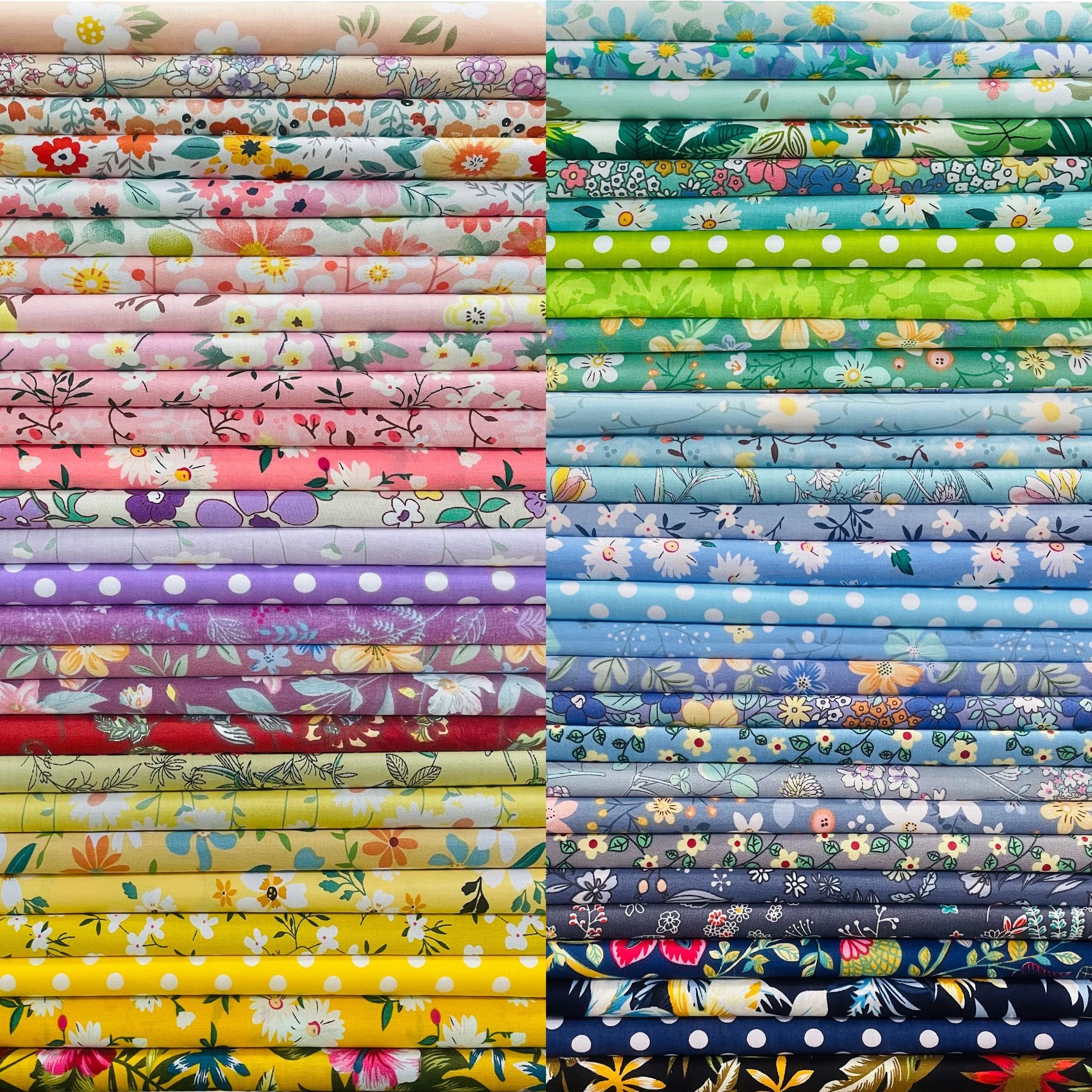 Stack of 50 pre-cut cotton fabric squares in various floral and polka dot patterns, arranged in four columns.