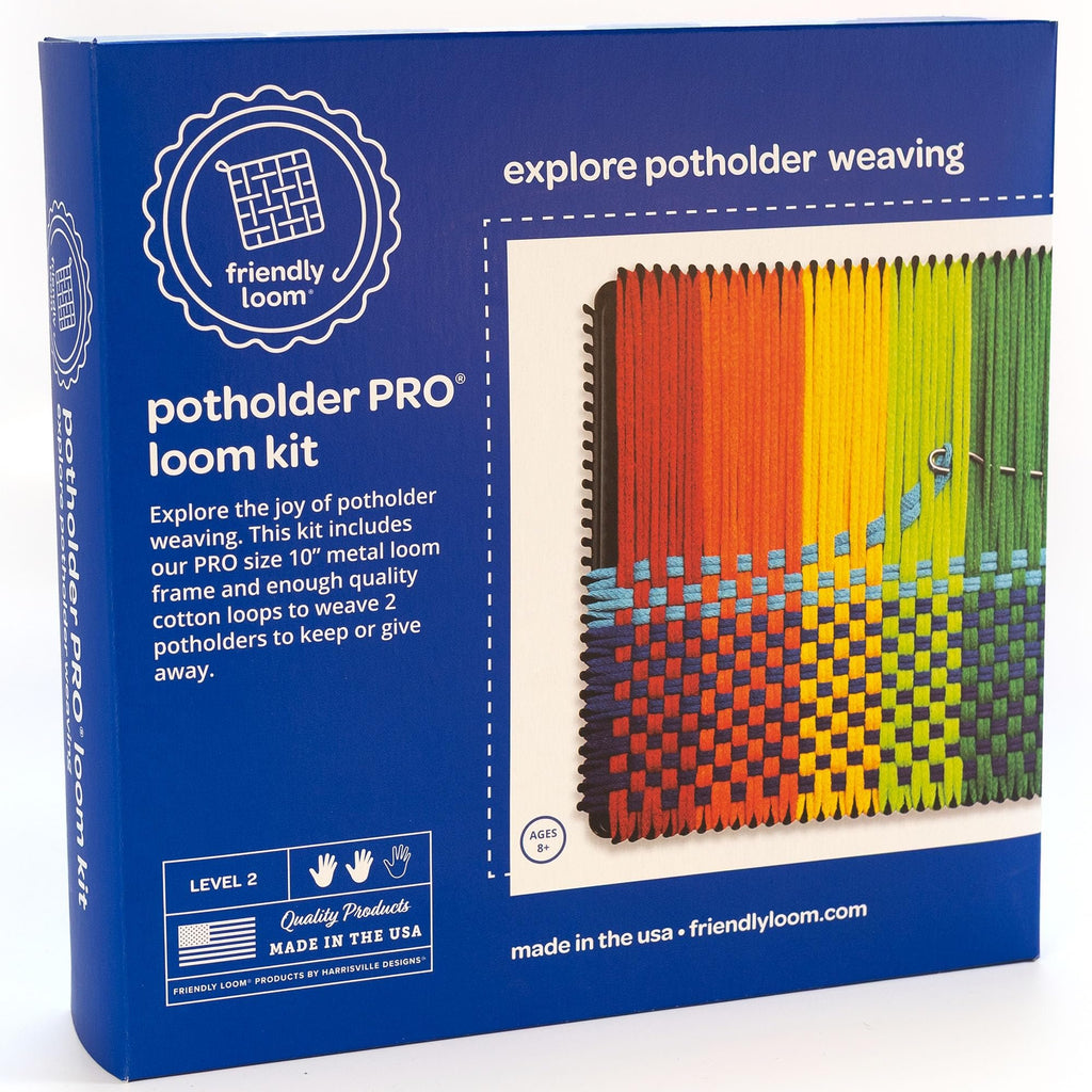Blue box for a potholder loom kit showing a partially woven potholder with rainbow colored yarn.