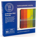 Blue box for a potholder loom kit showing a partially woven potholder with rainbow colored yarn.