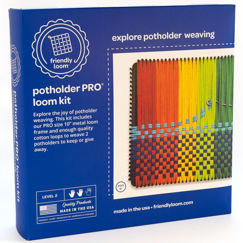Blue box for a potholder loom kit showing a partially woven potholder with rainbow colored yarn.
