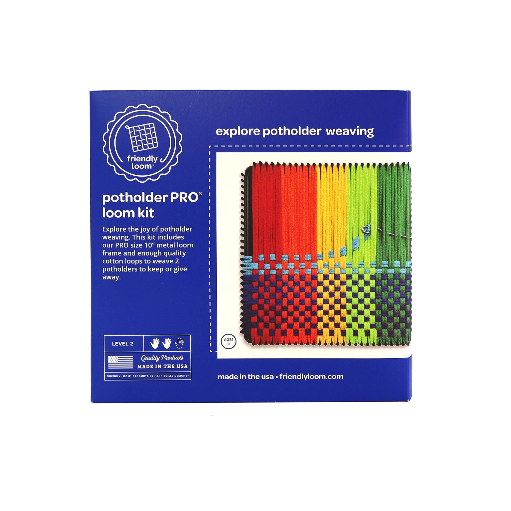 Potholder PRO loom kit box with colorful woven potholder sample and product details.