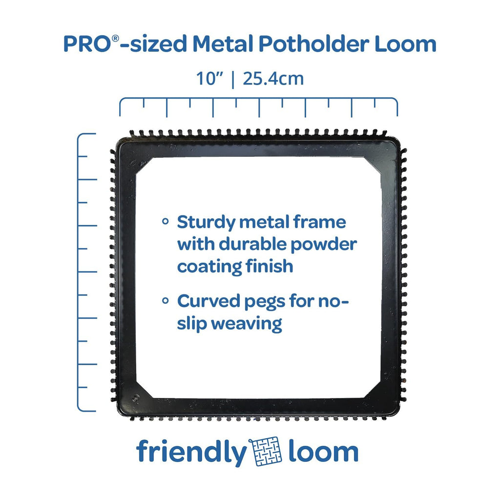 PRO-sized metal potholder loom with ruler markings, showing features like sturdy metal frame and curved pegs.