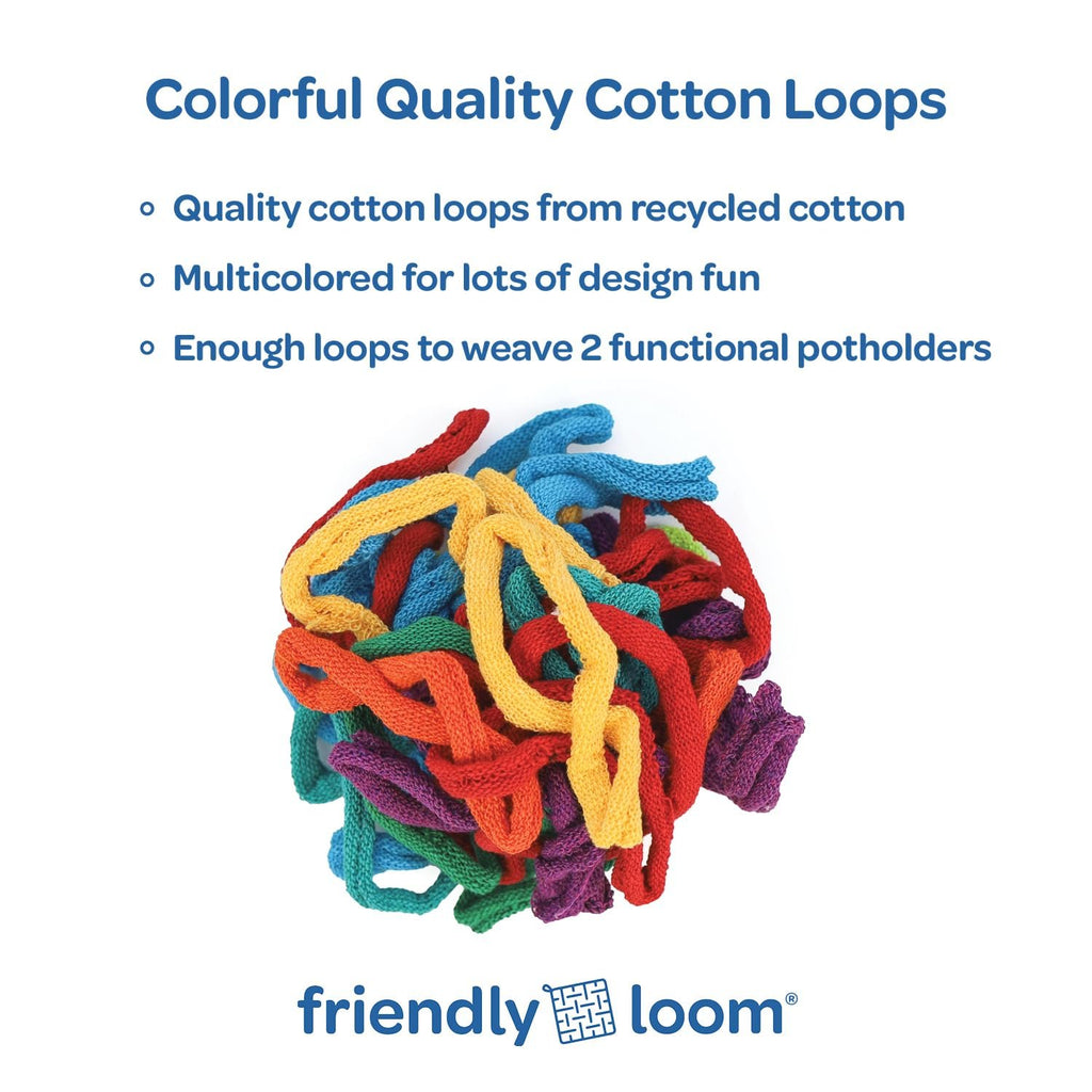 Pile of colorful cotton loops for weaving potholders, with text describing their quality and quantity.