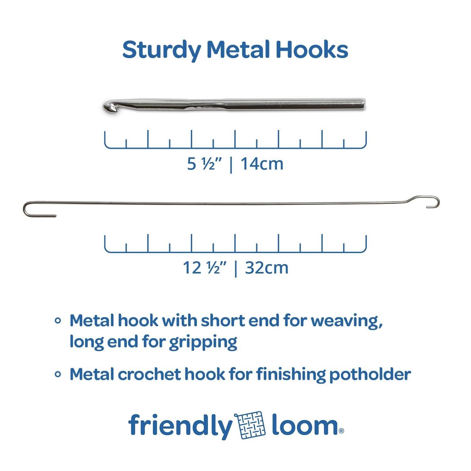 Two metal weaving and crochet hooks with measurement guides and descriptive text. One hook is 5.5 inches (14cm) long, the other is 12.5 inches (32cm) long.