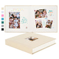 Open beige linen hardcover scrapbook album displaying birthday photos and text, with a closed album in the foreground.