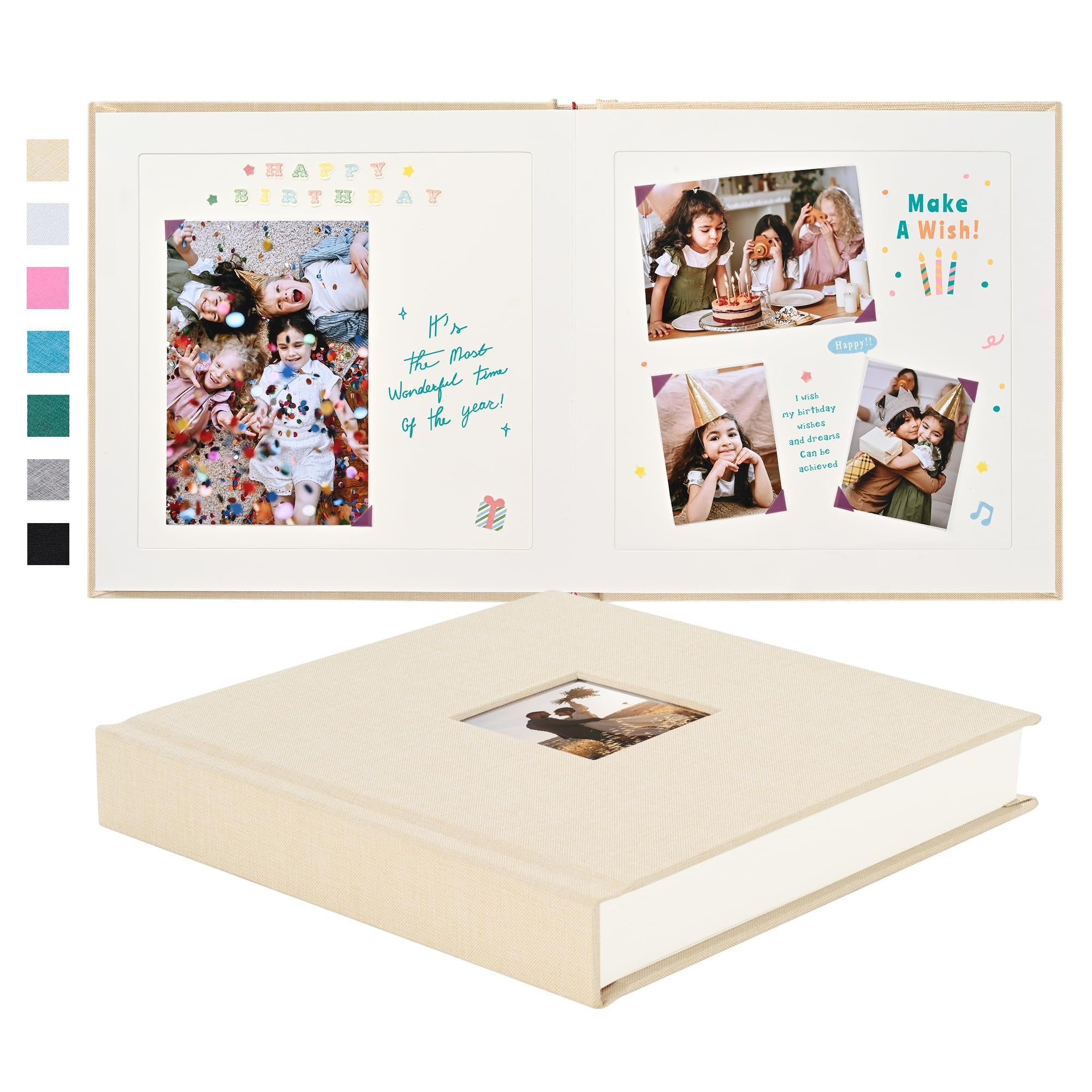 Open beige linen hardcover scrapbook album displaying birthday photos and text, with a closed album in the foreground.