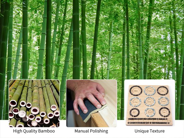 Bamboo beading board with bracelet grooves and storage slots, shown with bamboo forest background and detail shots.