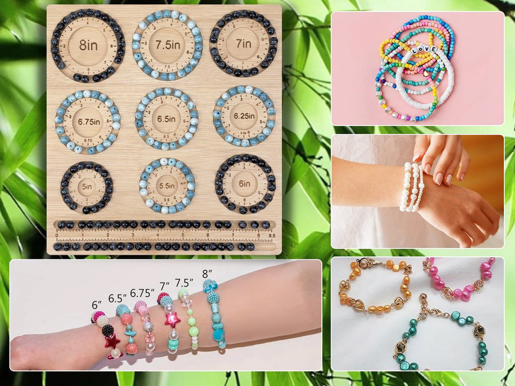 Collage of jewelry making supplies and finished bracelets. Top left shows a bamboo beading board with beads arranged in size circles. Top right shows colorful bracelets with letter beads spelling 'LOVE'. Middle right shows a hand wearing white pearl bracelets. Bottom left shows a wrist with various