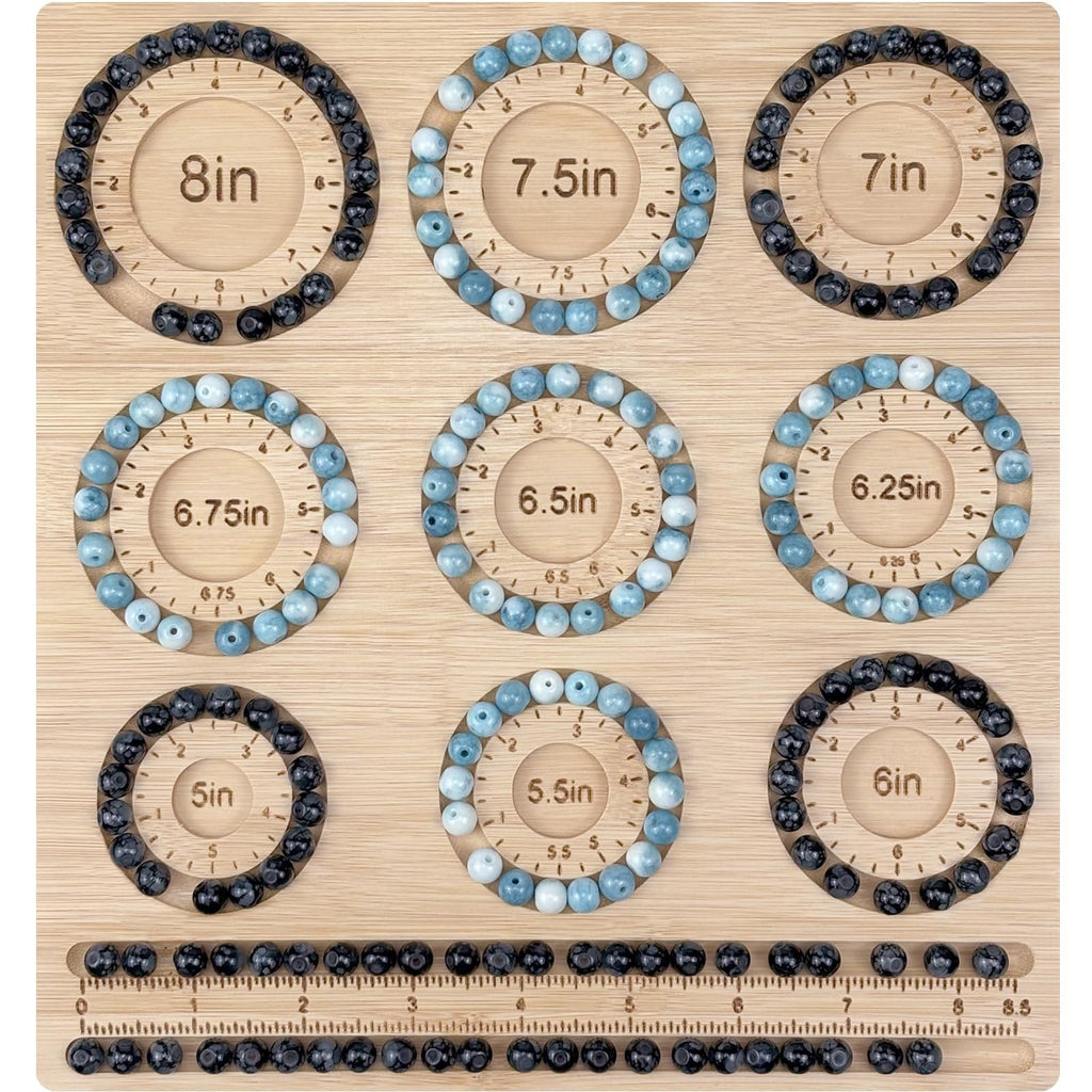 Bamboo beading board with bracelets arranged in size circles and beads in storage slots.