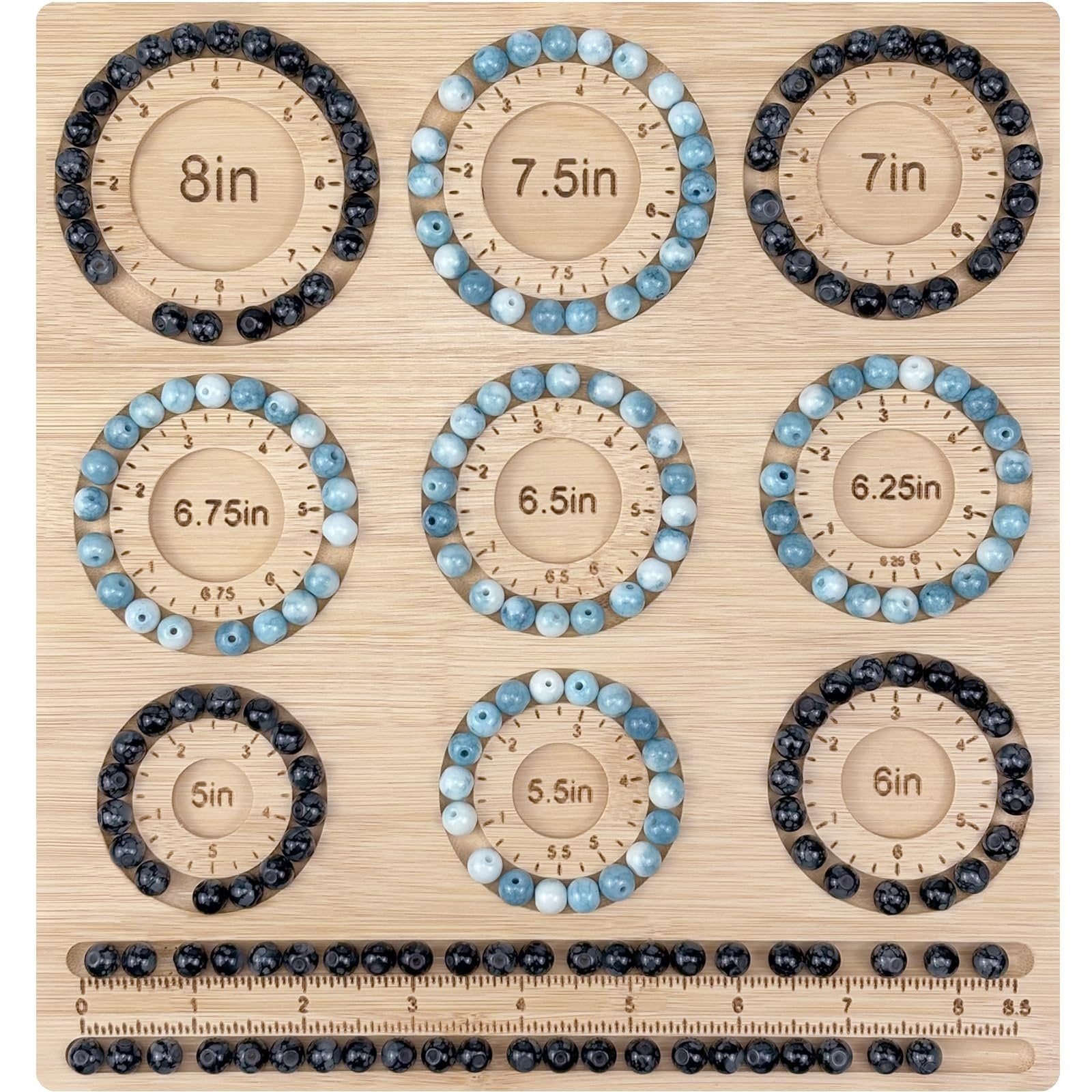 Bamboo beading board with bracelets arranged in size circles and beads in storage slots.