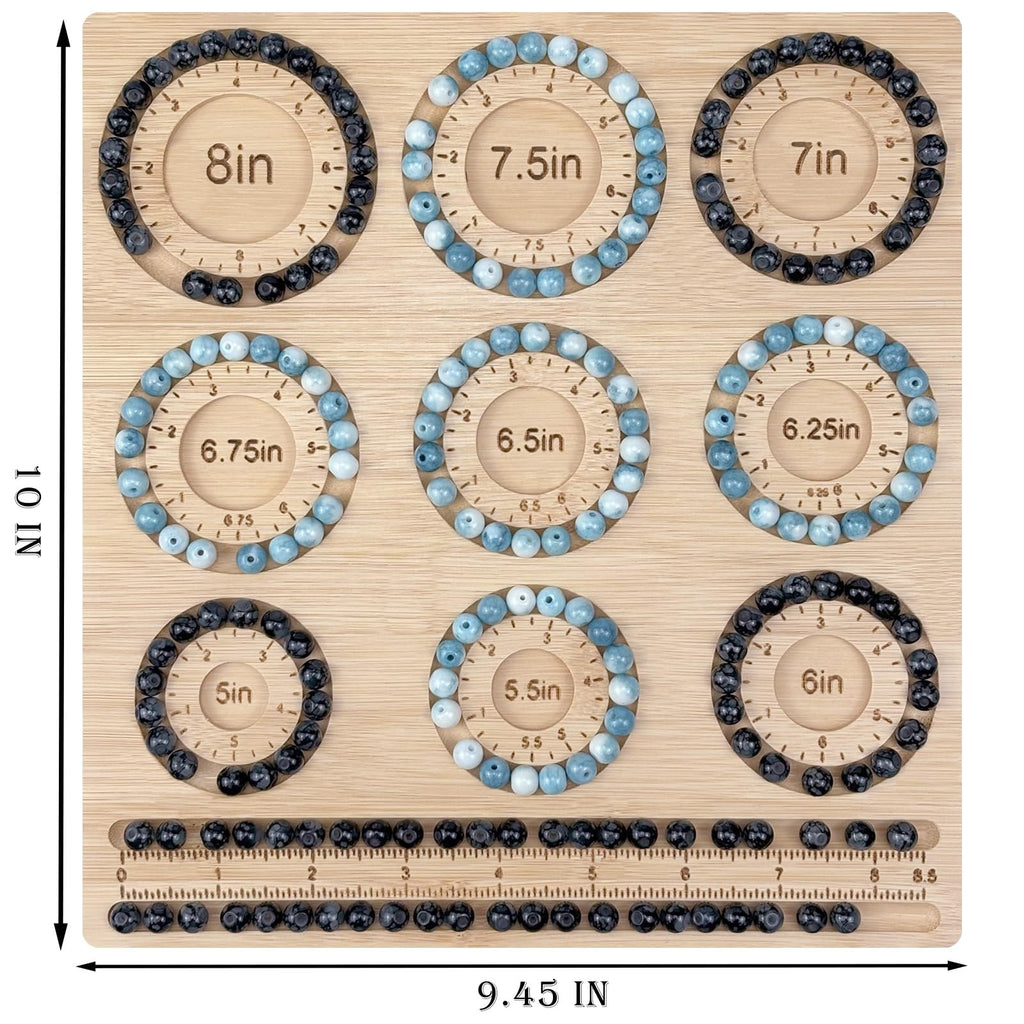Bamboo beading board with 9 bracelet grooves and storage slots, featuring bracelets made with black and blue beads.