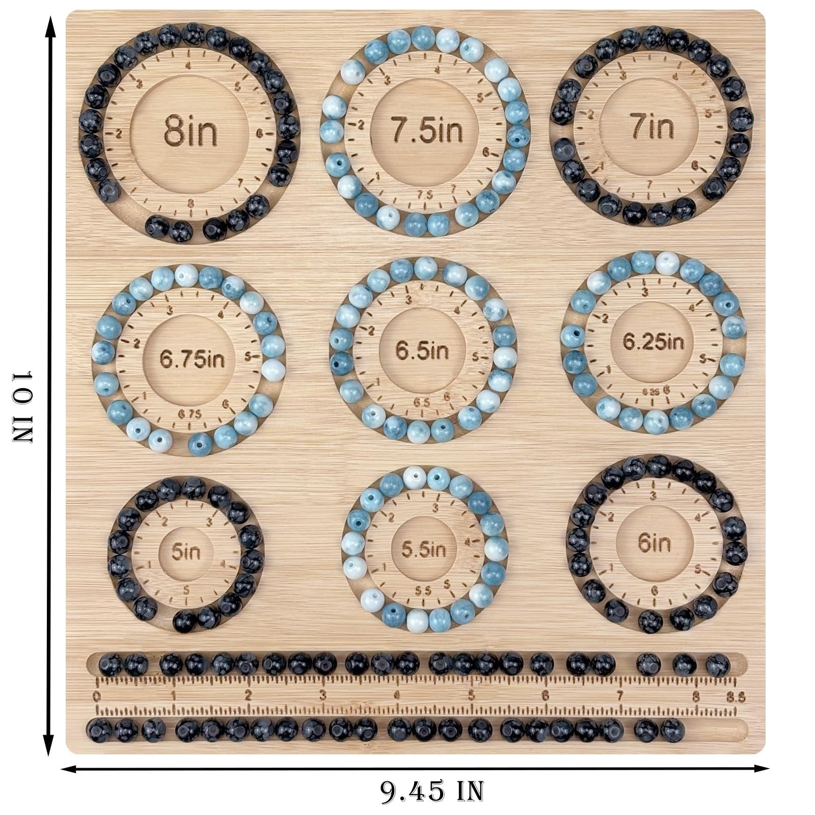 Bamboo beading board with 9 bracelet grooves and storage slots, featuring bracelets made with black and blue beads.