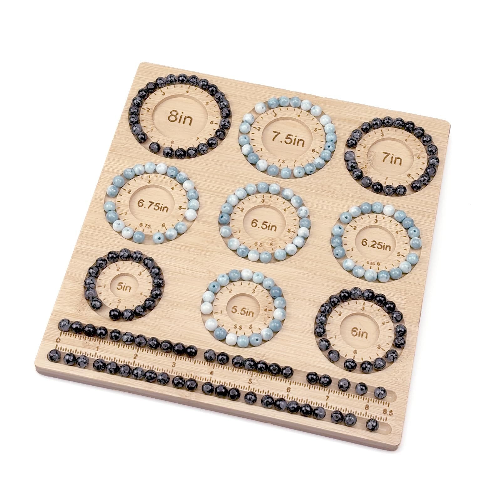 Bamboo beading board with bracelets arranged in size grooves and storage slots, showing measurements from 5in to 8in.