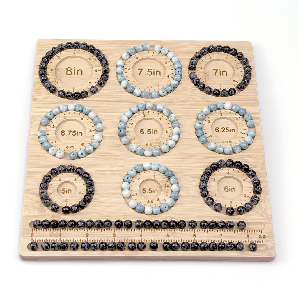 Bamboo beading board with bracelets sized 5in to 8in, plus storage slots and a ruler.
