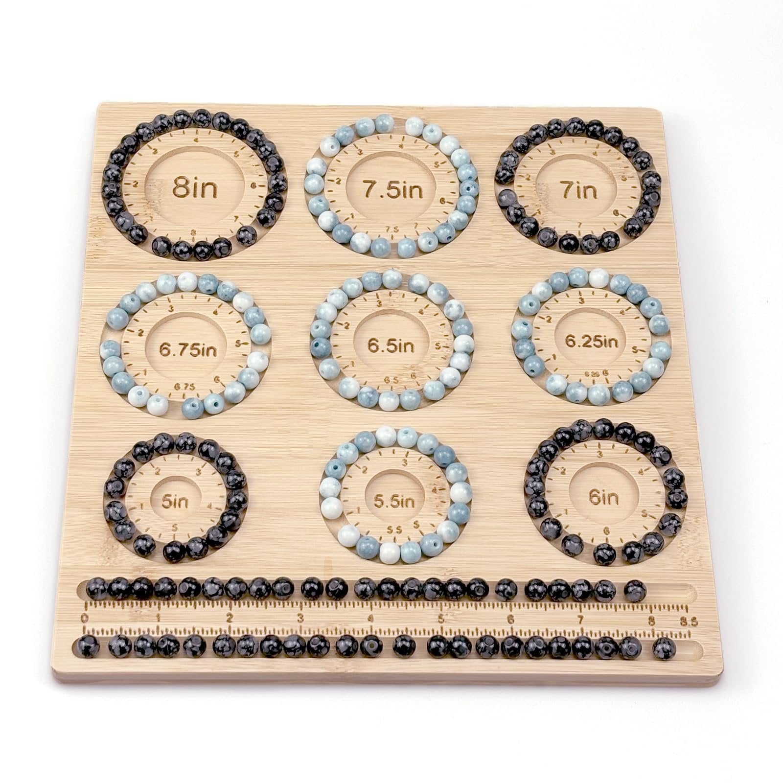 Bamboo beading board with bracelets sized 5in to 8in, plus storage slots and a ruler.