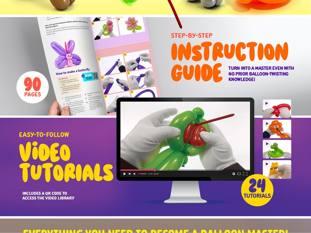 Balloon twisting instruction booklet and video tutorials for a craft kit. Shows how to make a butterfly and video thumbnails.