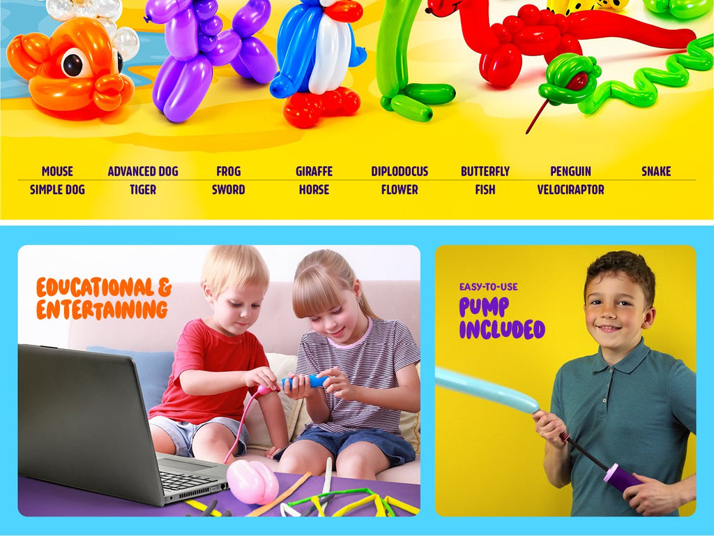 Assortment of balloon animals including a mouse, dog, frog, penguin, and dinosaur, with text labels for each.