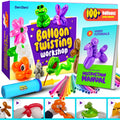 Balloon twisting craft kit box with colorful balloons, pump, instruction manual, and video tutorials. Includes examples of balloon animals like a frog, butterfly, and dog.