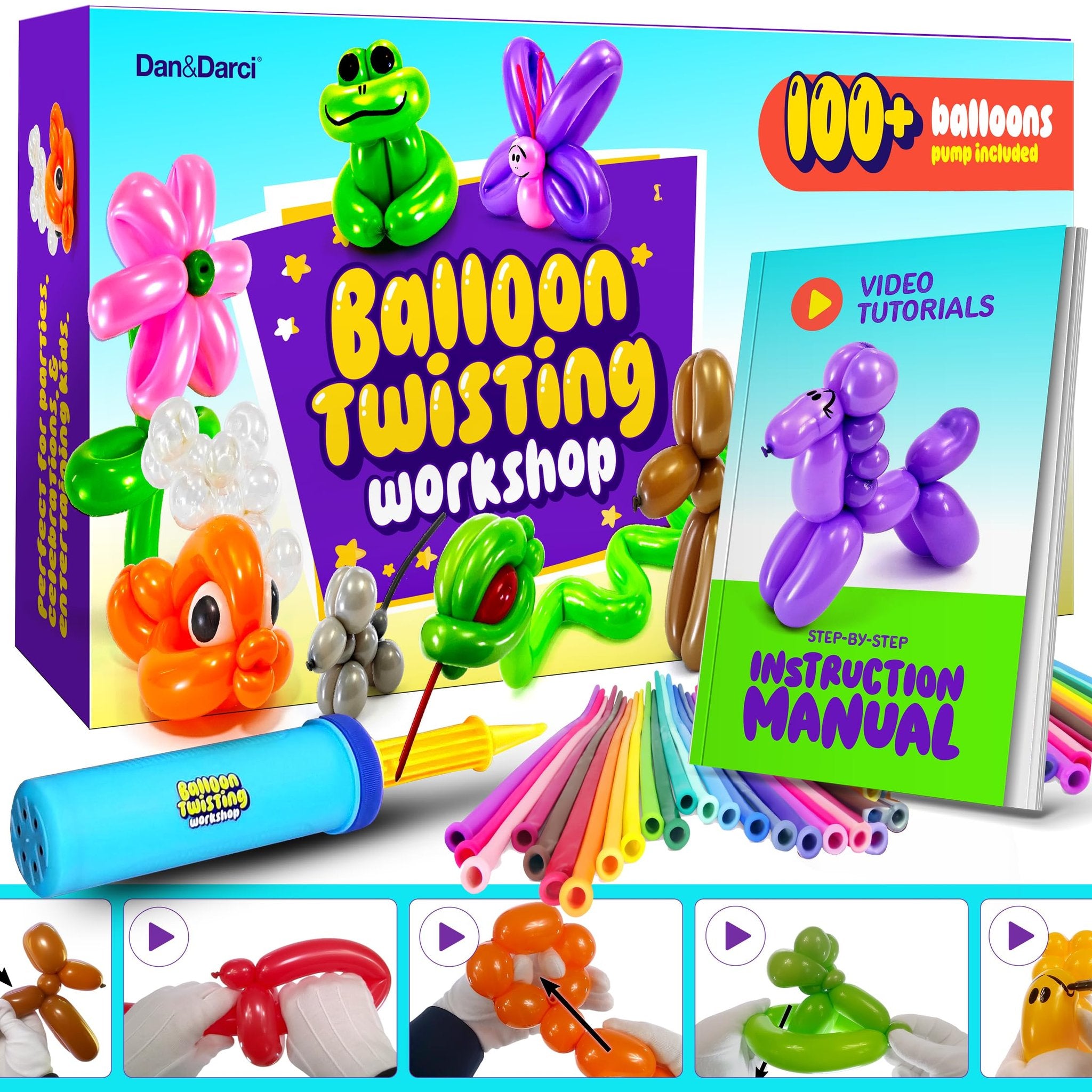Balloon twisting craft kit box with colorful balloons, pump, instruction manual, and video tutorials. Includes examples of balloon animals like a frog, butterfly, and dog.