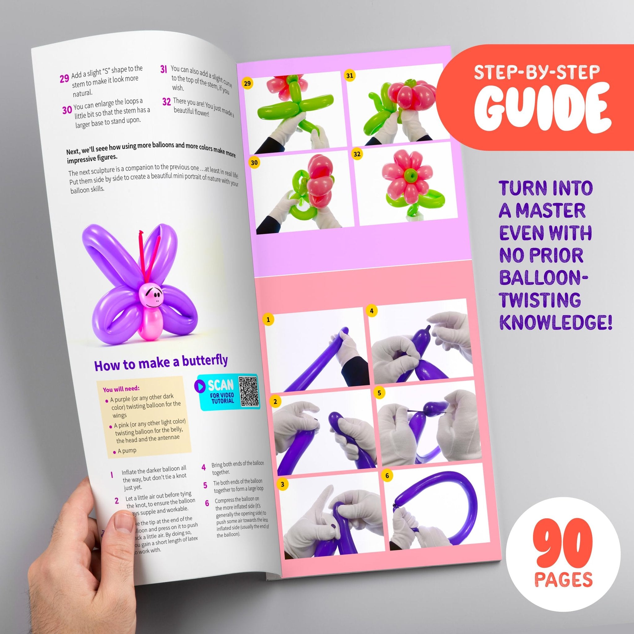 Instructional booklet showing how to make balloon animals, with step-by-step photos and text.