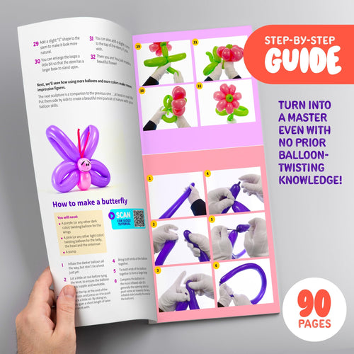 Instructional booklet showing how to make balloon animals, with step-by-step photos and text.