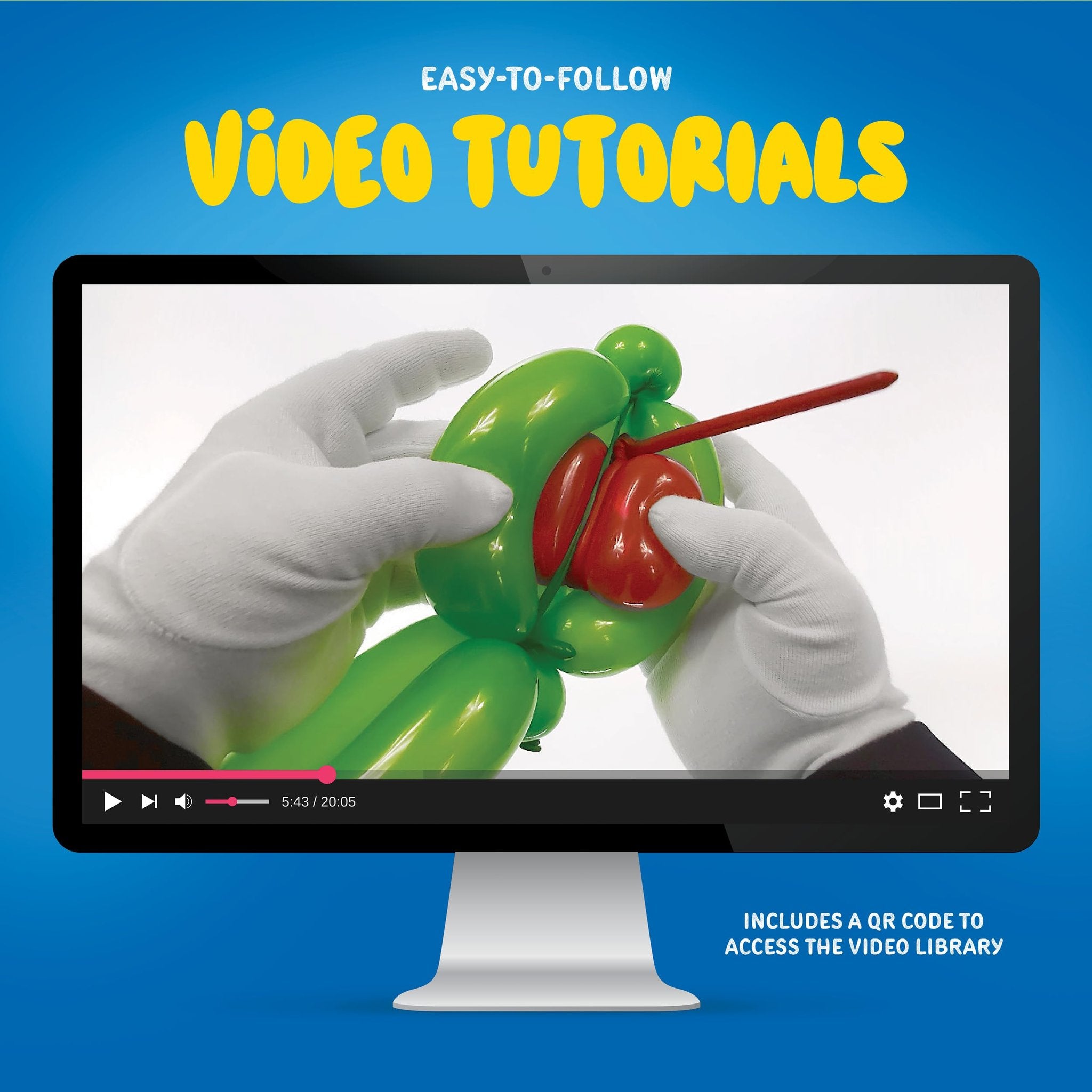 Computer screen displaying a video tutorial on balloon twisting with white-gloved hands manipulating green and red balloons.
