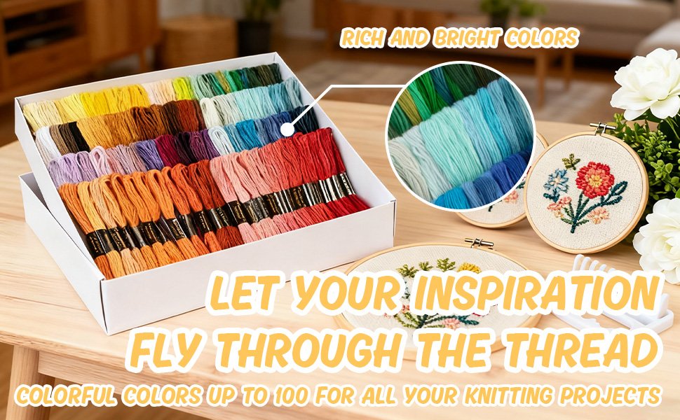 Box of 100 colorful embroidery floss skeins with close-up inset and embroidered hoops on a wooden table.