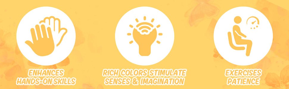 Three icons illustrating benefits of embroidery floss: hands, brain with lightbulb, person sitting with timer.
