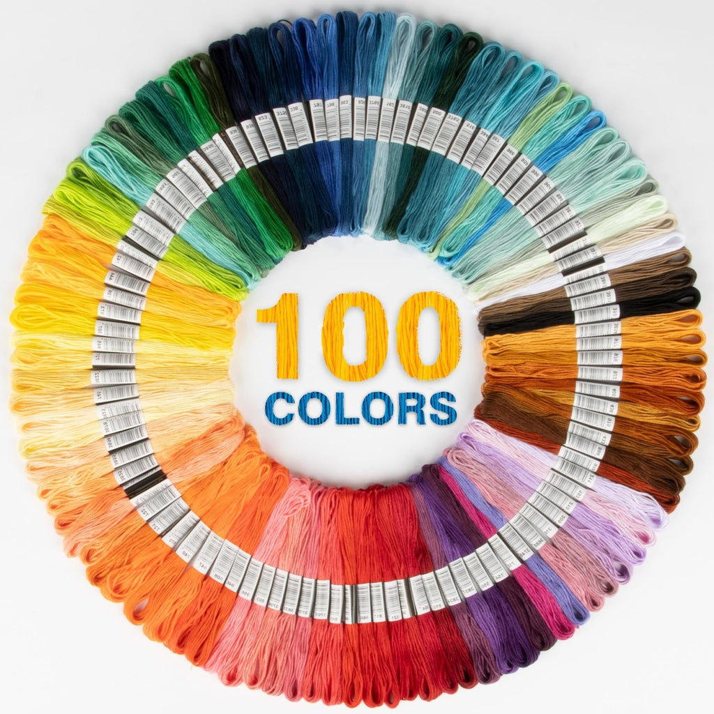 Circle of 100 embroidery floss skeins in various colors, with text overlay '100 COLORS' in the center.