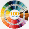 Circle of 100 embroidery floss skeins in various colors, with text overlay '100 COLORS' in the center.