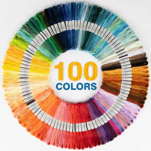 Circle of 100 embroidery floss skeins in various colors, with text overlay '100 COLORS' in the center.