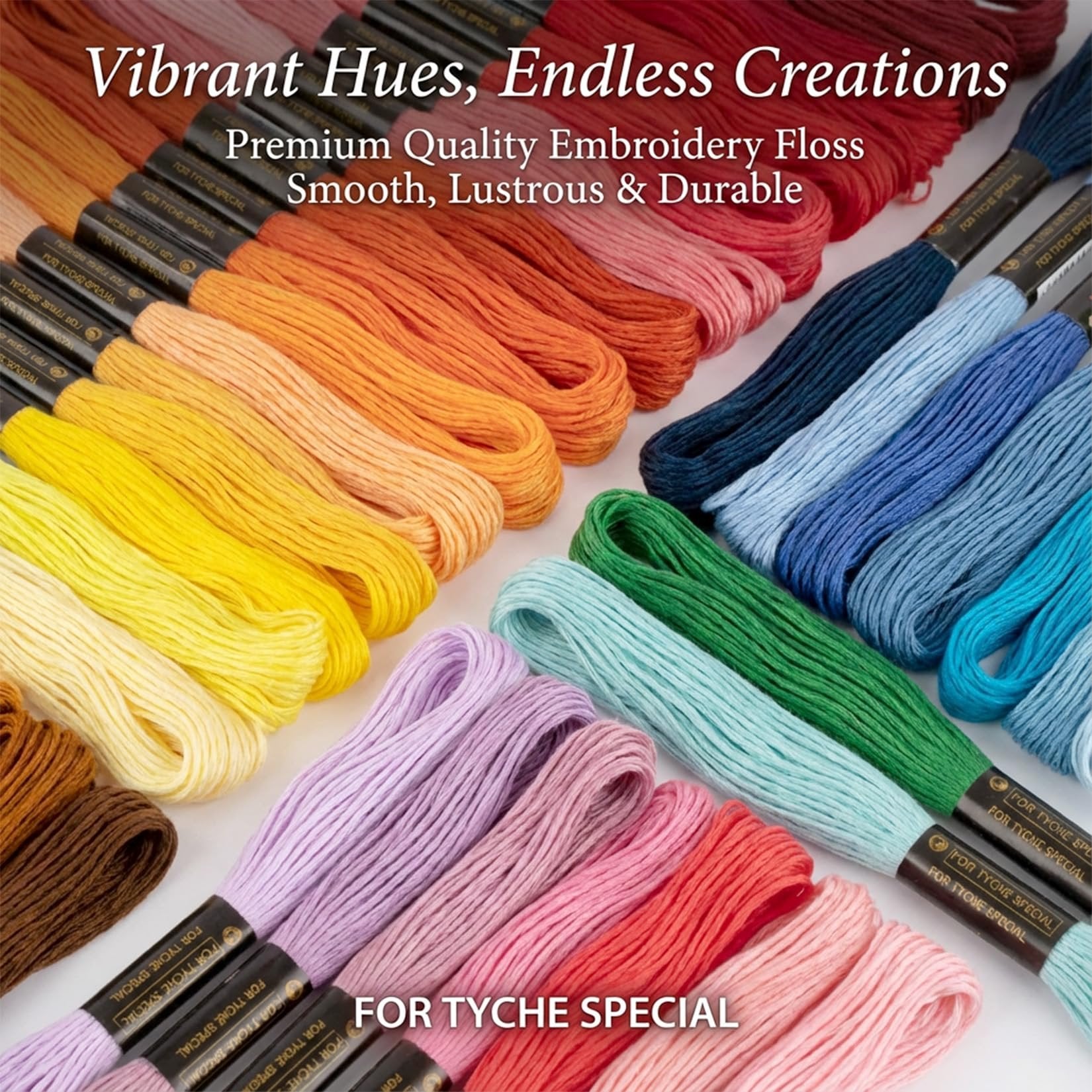 Assortment of colorful embroidery floss skeins arranged in rows, showcasing a wide spectrum of hues from warm oranges and yellows to cool blues and greens.