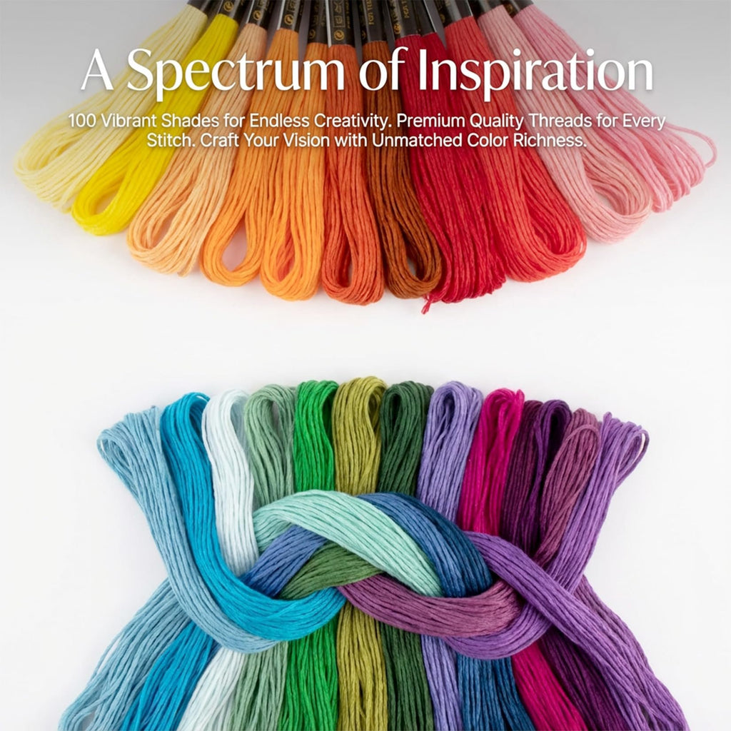 Two fanned arrangements of colorful embroidery floss, one with warm tones and the other with cool tones, against a white background.