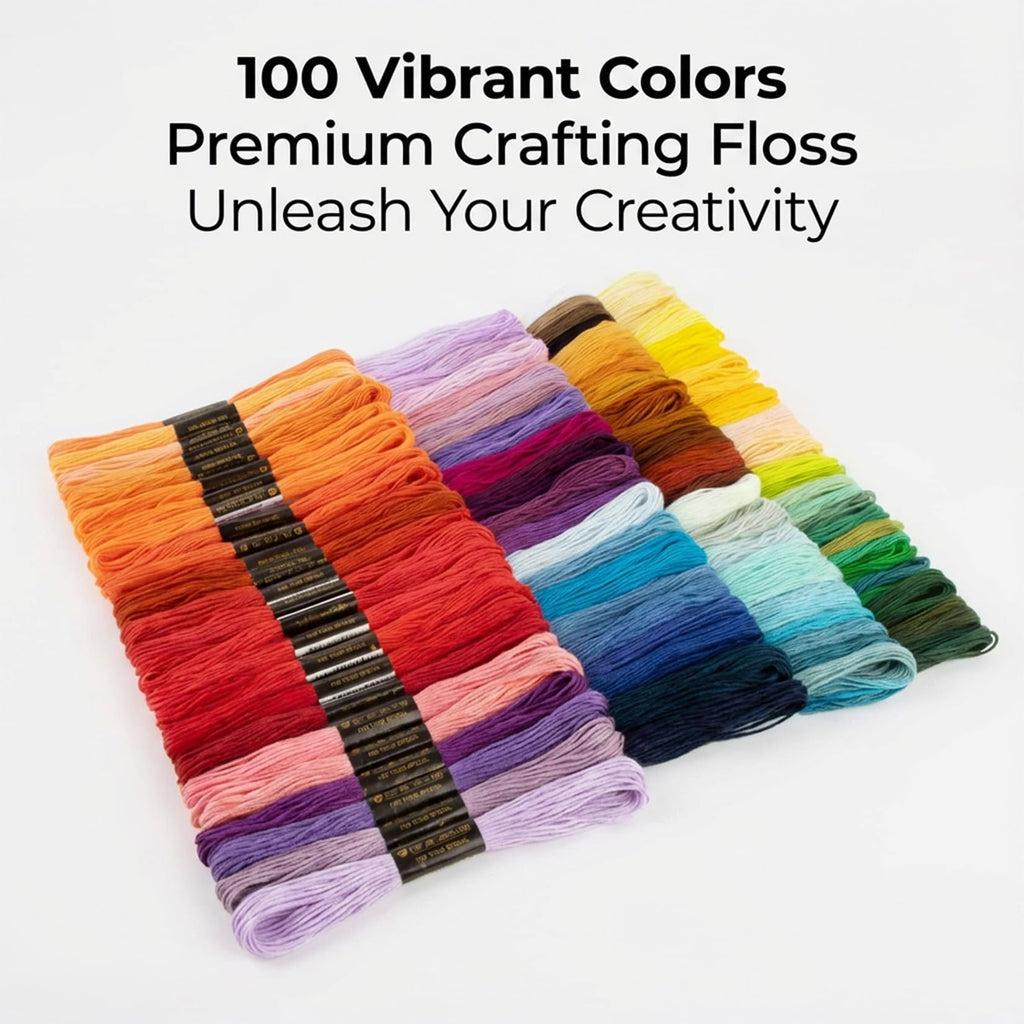 Assortment of 100 vibrant colors of embroidery floss arranged in rows on a white background.