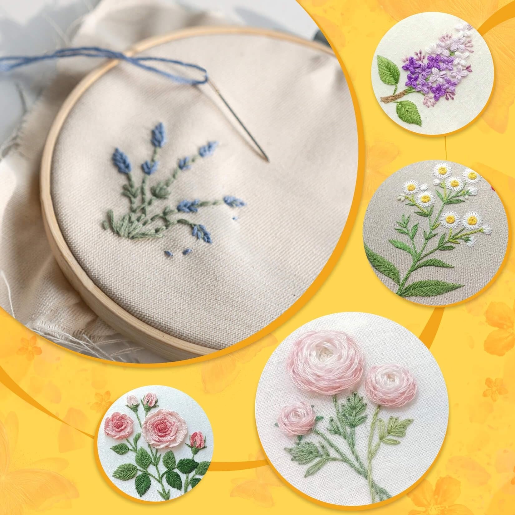 Embroidery hoop with lavender design and needle, surrounded by circular insets of floral embroidery art.