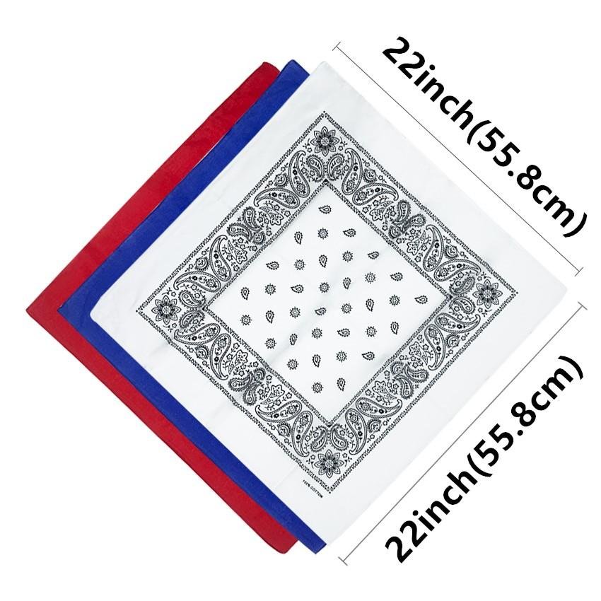 Three bandanas, one white with black paisley print, and two solid red and blue, shown flat with dimensions overlaid.