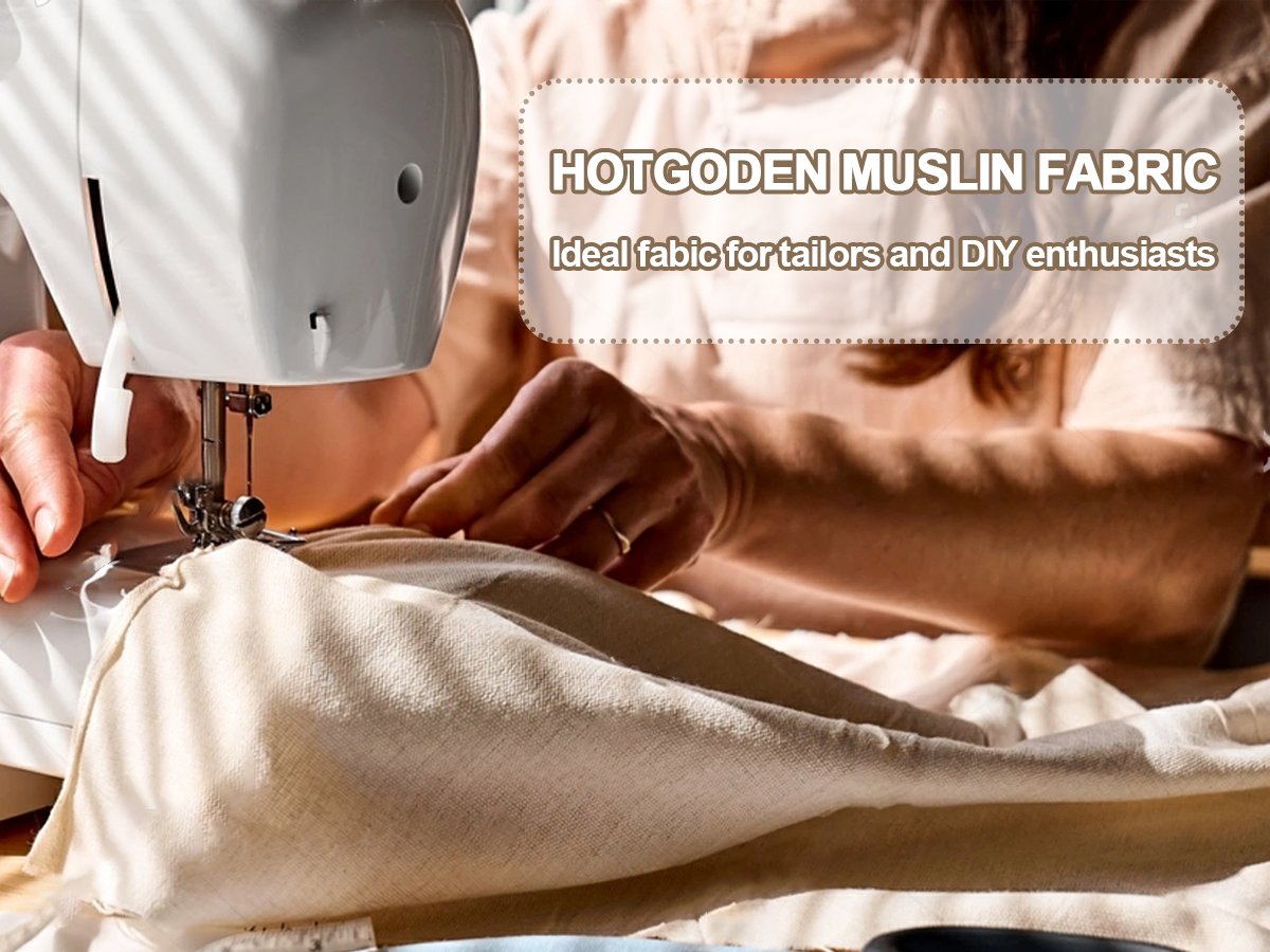 Person sewing unbleached cotton muslin fabric on a white sewing machine, with a text overlay.