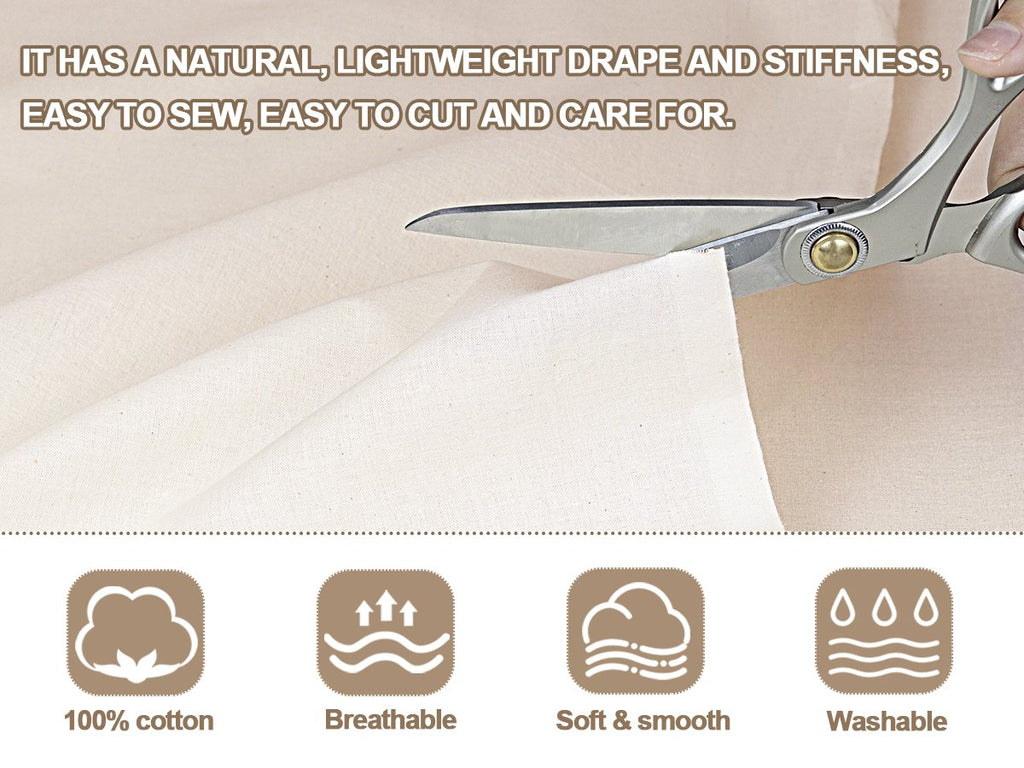 Unbleached cotton muslin fabric being cut with scissors, with feature icons below.