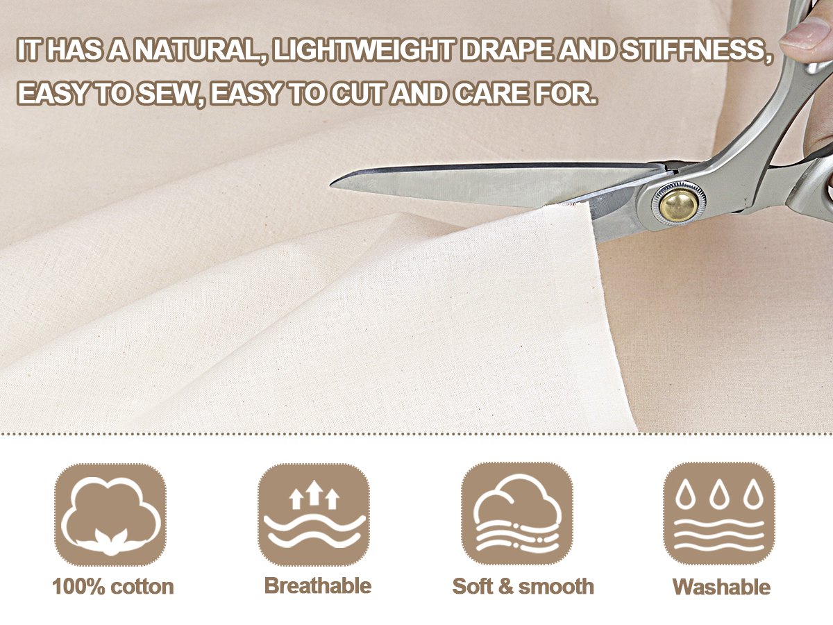 Unbleached cotton muslin fabric being cut with scissors, with feature icons below.