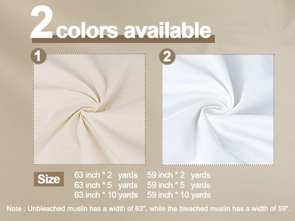 Two swatches of muslin fabric, one unbleached and one bleached, with size and yardage options listed.