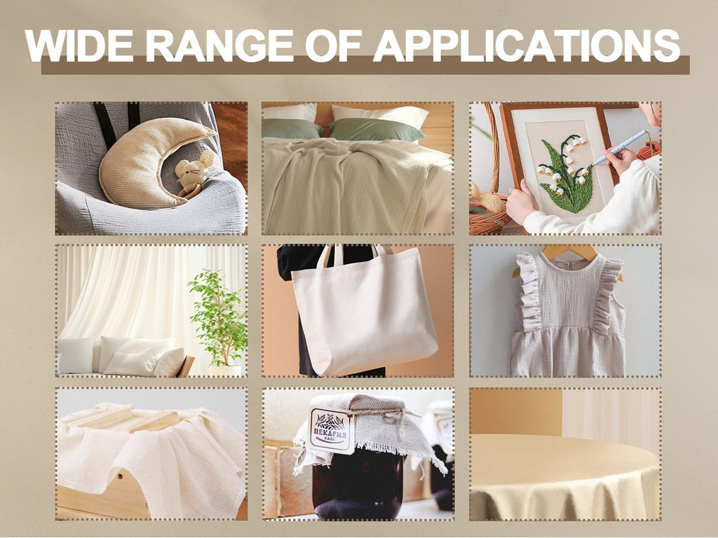 Collage of lifestyle images showing wide range of applications for fabric: nursery decor, bedding, embroidery, home decor, tote bag, baby dress, and table cloth.