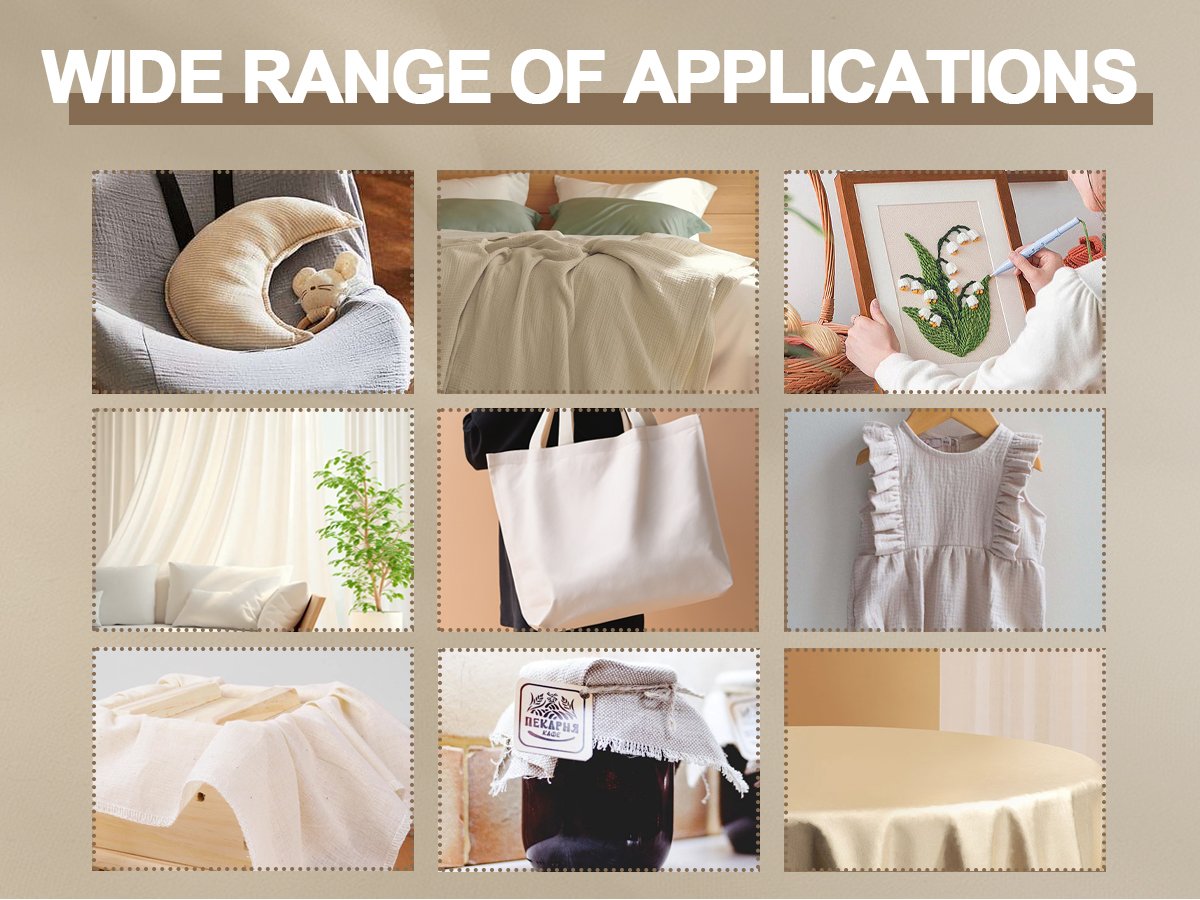 Collage of lifestyle images showing wide range of applications for fabric: nursery decor, bedding, embroidery, home decor, tote bag, baby dress, and table cloth.