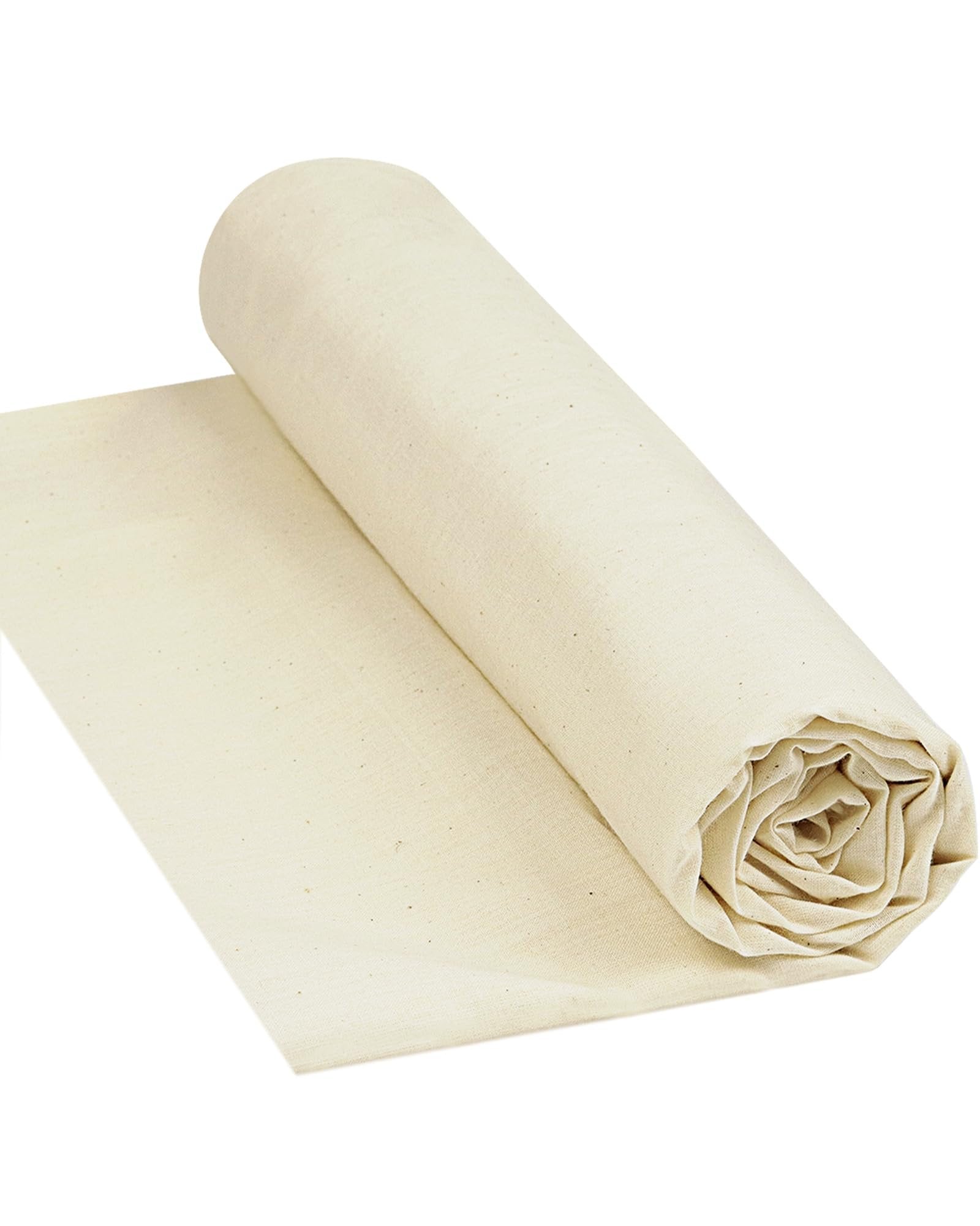 Rolled unbleached cotton muslin fabric on a white background, showing texture and weave.