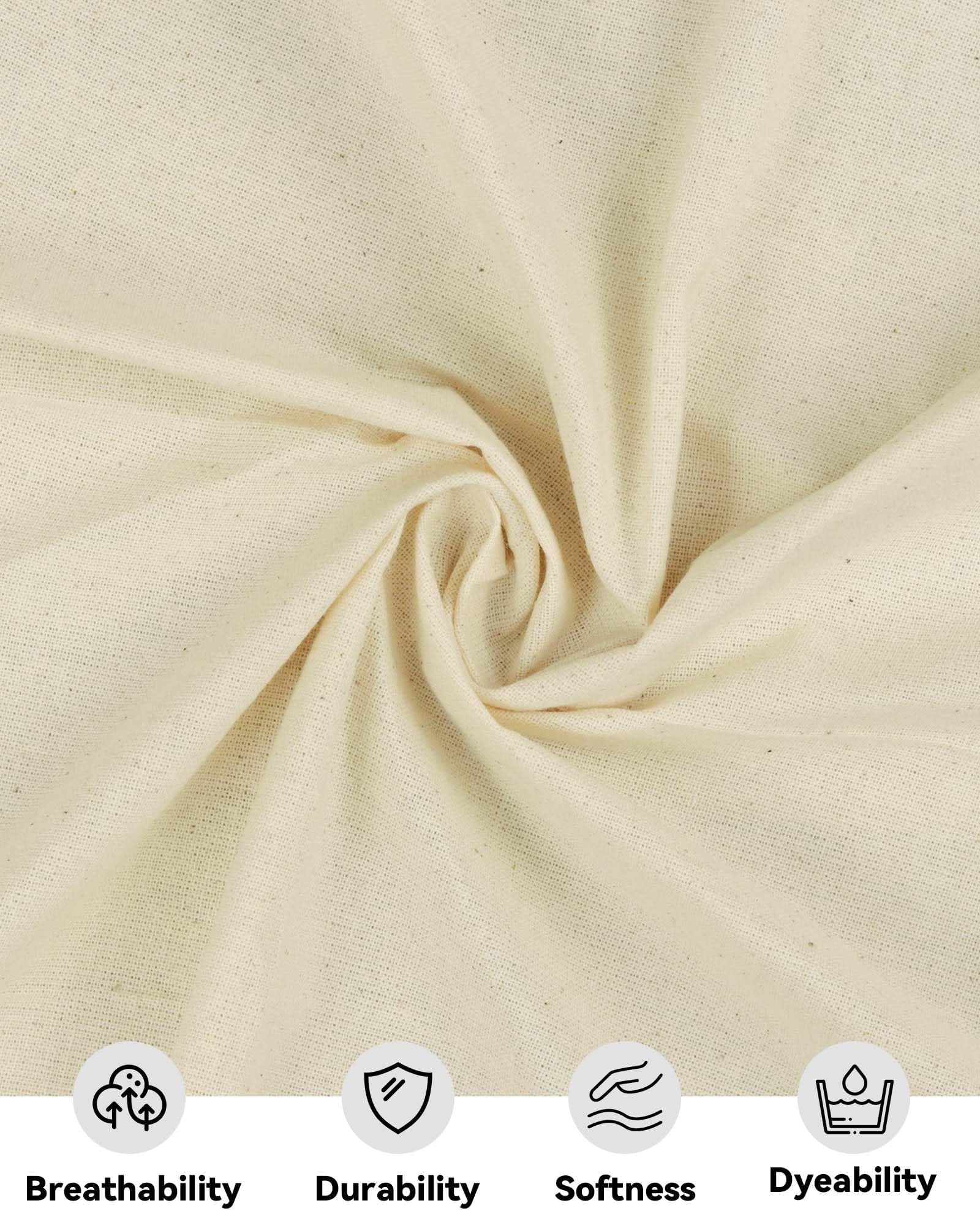 Unbleached cotton muslin fabric with a textured weave, showing four circular icons with text labels below: Breathability, Durability, Softness, Dyeability.