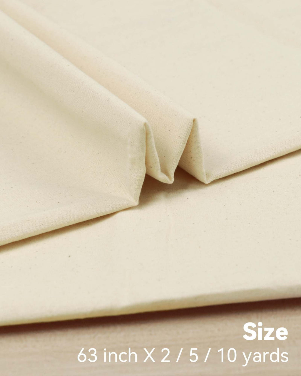 Unbleached cotton muslin fabric folded, showing texture and drape. Text overlay indicates size options.